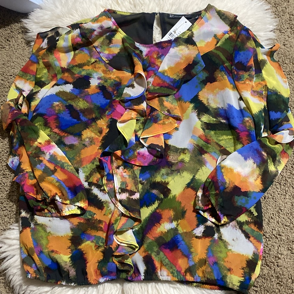 NewYork & Co. Women's Multicolor Round Neck Long Sleeve Ruffle Blouse Size Large - Picture 8 of 8